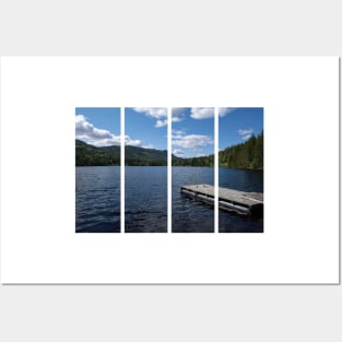 Pad on a wooden floating platform. Metal ladder to get out of the water of a beautiful fjord in Norway. Rippled sea. Sunny spring day. No people Posters and Art